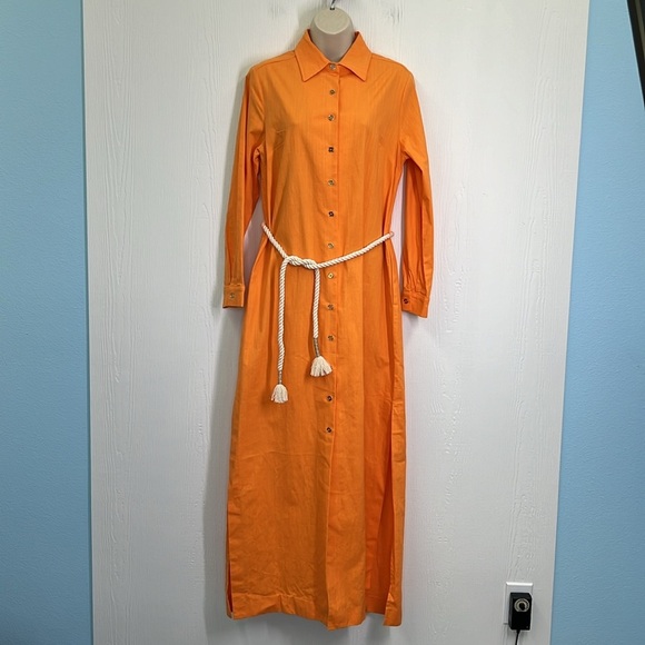 CK Bradley - NWT Orange Button Down Long Sleeve Rope Belt Slit Maxi Dress Large - Picture 2 of 14